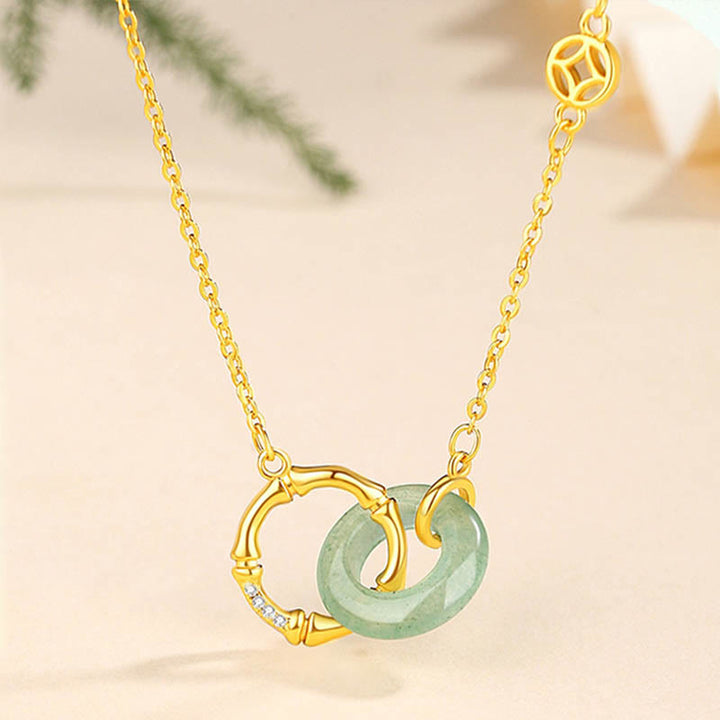 Buddha Stones 925 Srebro Sterlingowe Naturalny Zielony Awenturyn Klamra Pokoju Bambus Moneta Naszyjnik Wisiorek Dobrobytu - Zielony awenturyn - image 0