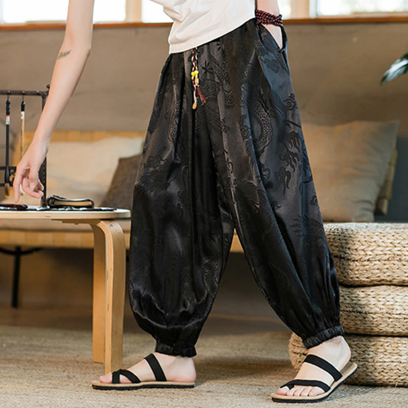 Buddha Stones Wzór Smoka Luźne Męskie Spodnie Harem Z Kieszeniami