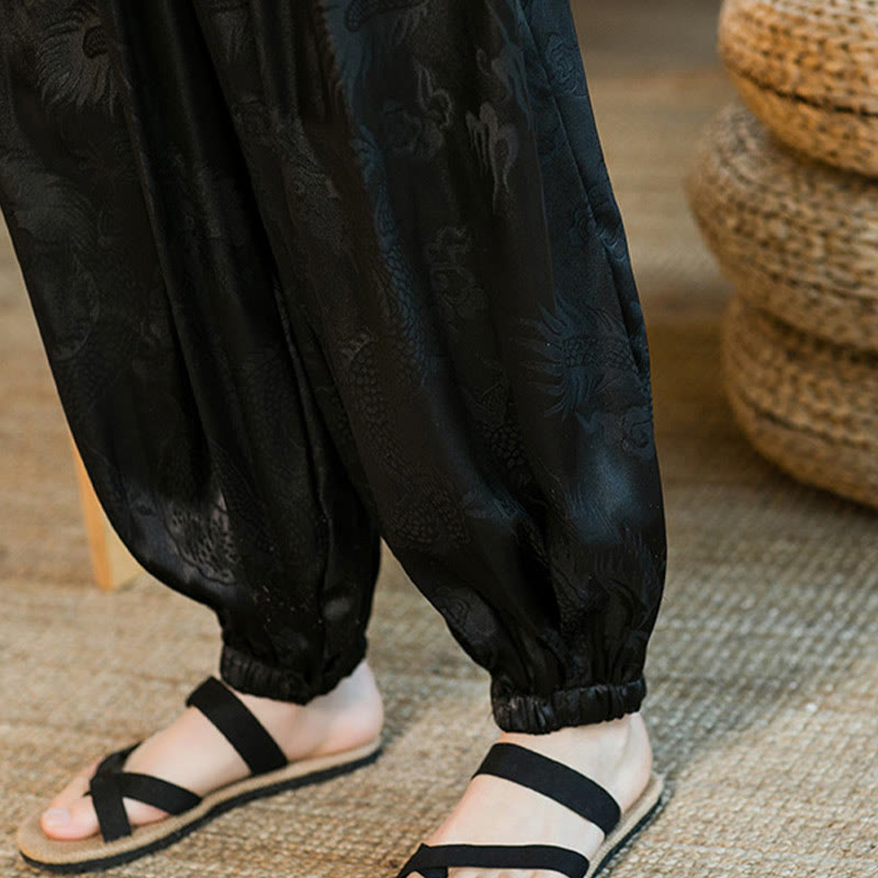 Buddha Stones Wzór Smoka Luźne Męskie Spodnie Harem Z Kieszeniami