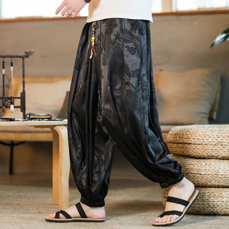 Buddha Stones Wzór Smoka Luźne Męskie Spodnie Harem Z Kieszeniami