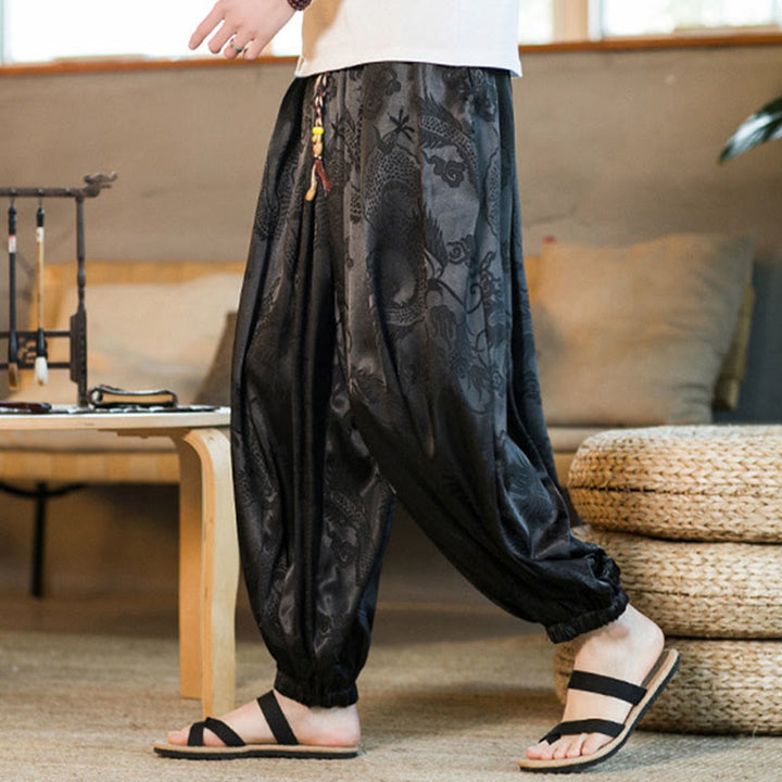 Buddha Stones Wzór Smoka Luźne Męskie Spodnie Harem Z Kieszeniami