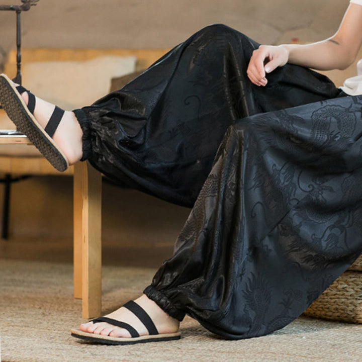 Buddha Stones Wzór Smoka Luźne Męskie Spodnie Harem Z Kieszeniami