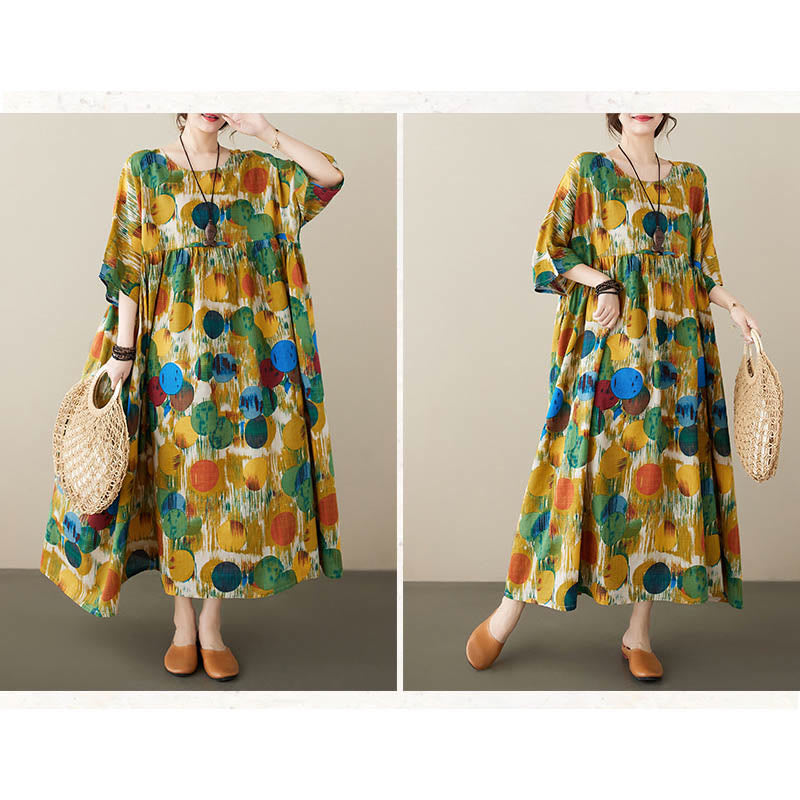 Buddha Stones Pomarańczowo-zielone Kolorowe Groszki Sukienka Midi Bawełniana Tunika Sukienka z Pół Rękawem I Kieszeniami - image 16