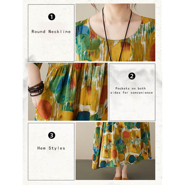 Buddha Stones Pomarańczowo-zielone Kolorowe Groszki Sukienka Midi Bawełniana Tunika Sukienka z Pół Rękawem I Kieszeniami - image 18