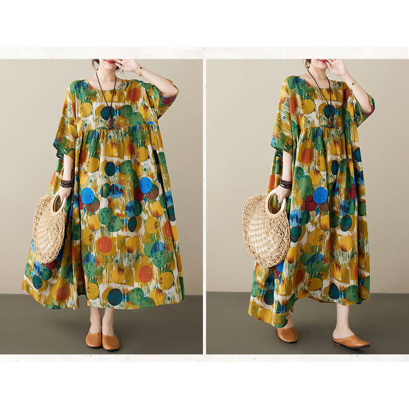 Buddha Stones Pomarańczowo-zielone Kolorowe Groszki Sukienka Midi Bawełniana Tunika Sukienka z Pół Rękawem I Kieszeniami - image 17