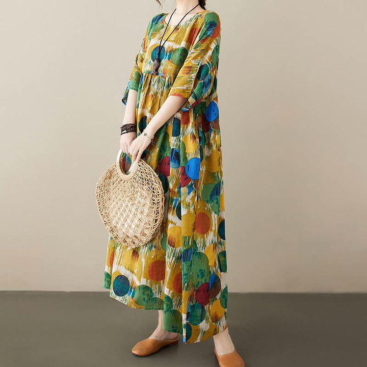 Buddha Stones Pomarańczowo-zielone Kolorowe Groszki Sukienka Midi Bawełniana Tunika Sukienka z Pół Rękawem I Kieszeniami - Zielony (tylko sukienka) - F (biust 142 cm/dół 130 cm/długość 120 cm) - image 11