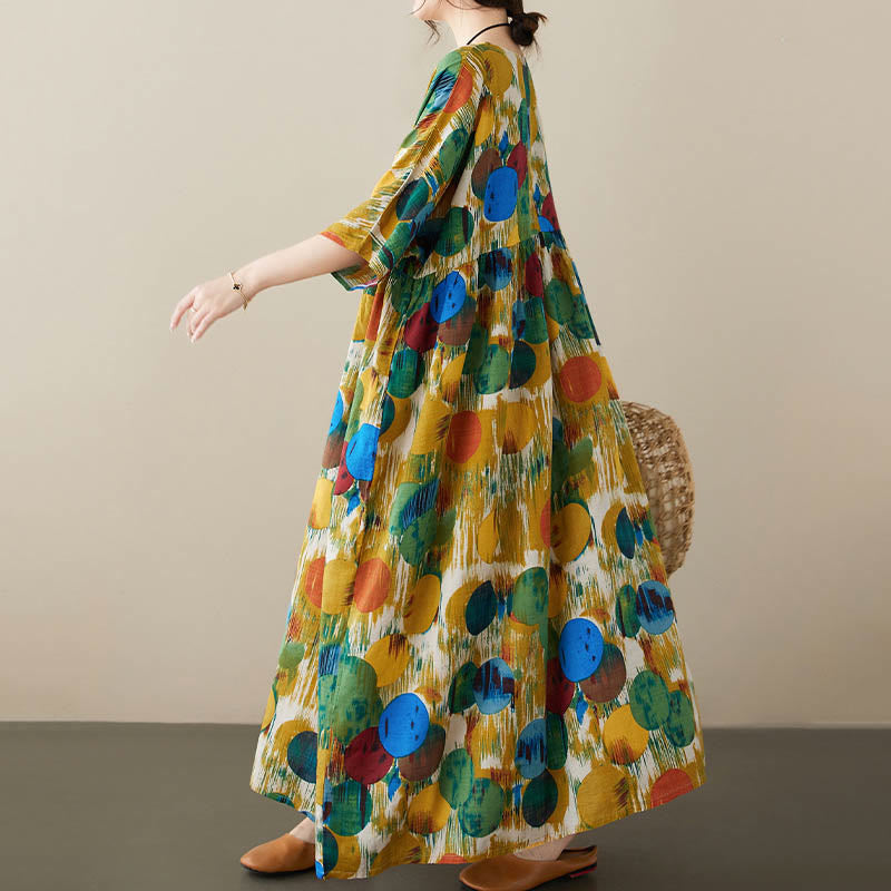 Buddha Stones Pomarańczowo-zielone Kolorowe Groszki Sukienka Midi Bawełniana Tunika Sukienka z Pół Rękawem I Kieszeniami - image 12