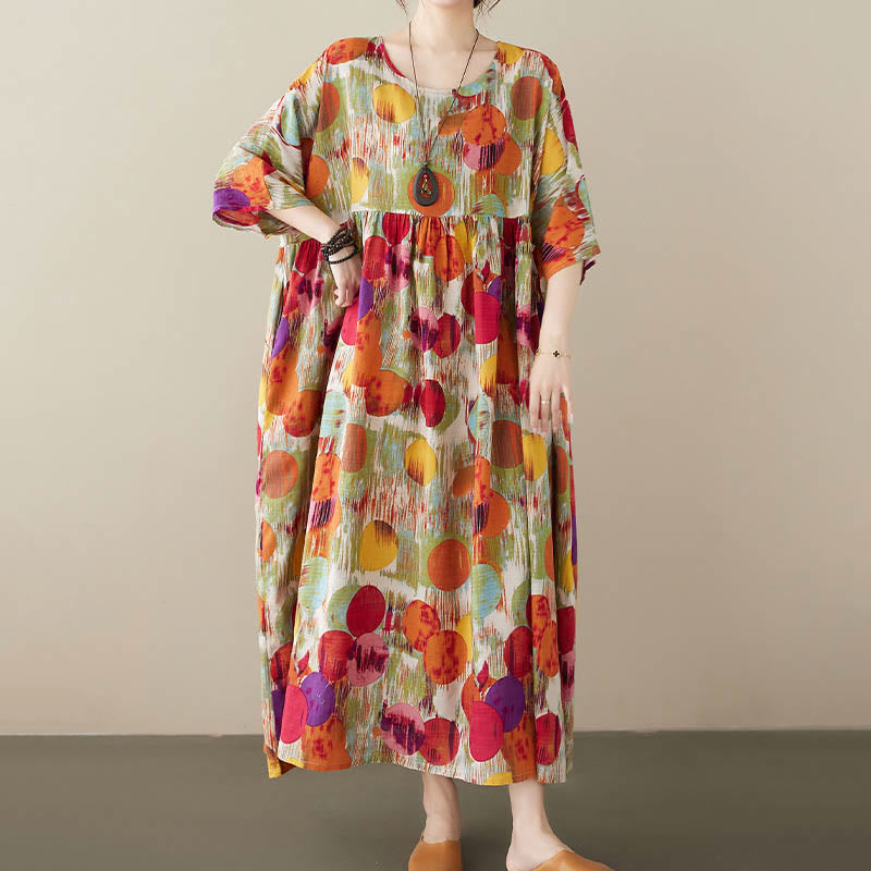 Buddha Stones Pomarańczowo-zielone Kolorowe Groszki Sukienka Midi Bawełniana Tunika Sukienka z Pół Rękawem I Kieszeniami - image 2