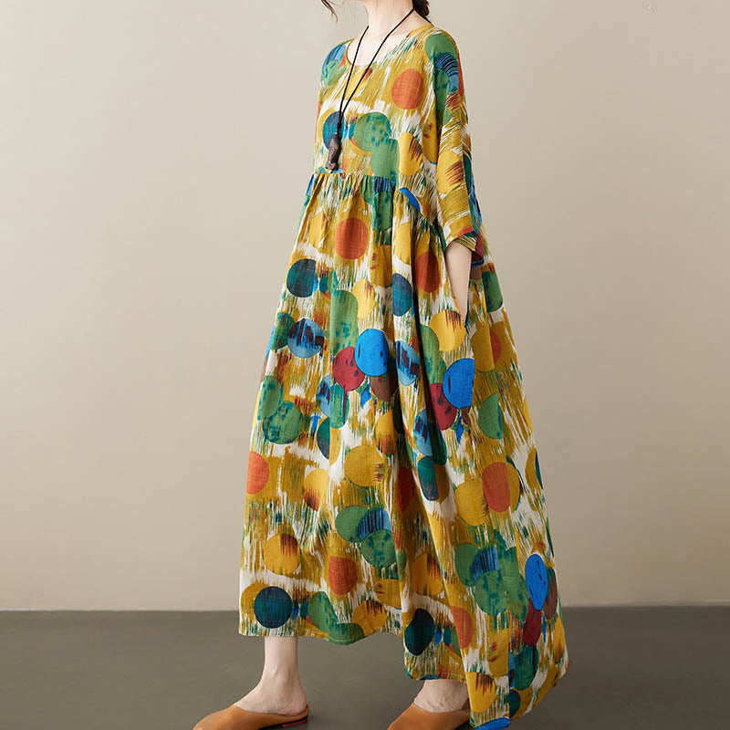 Buddha Stones Pomarańczowo-zielone Kolorowe Groszki Sukienka Midi Bawełniana Tunika Sukienka z Pół Rękawem I Kieszeniami - image 13