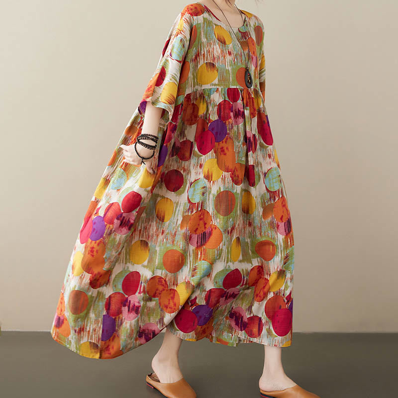 Buddha Stones Pomarańczowo-zielone Kolorowe Groszki Sukienka Midi Bawełniana Tunika Sukienka z Pół Rękawem I Kieszeniami - image 4