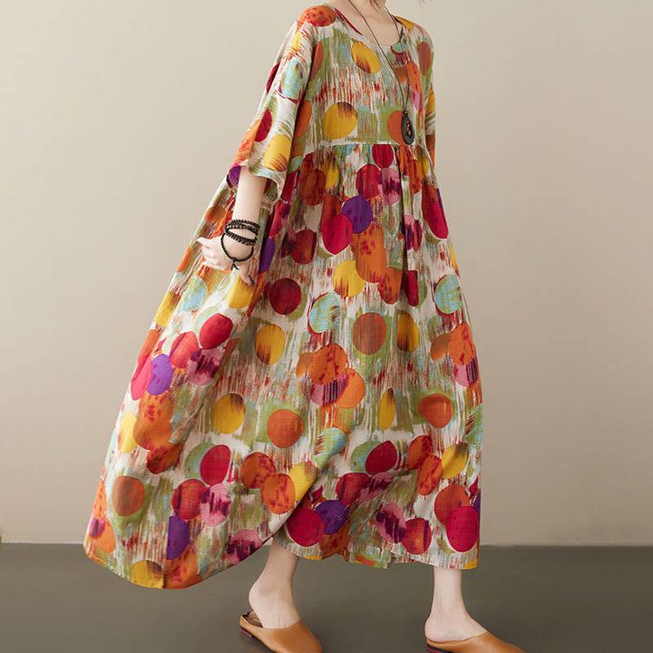 Buddha Stones Pomarańczowo-zielone Kolorowe Groszki Sukienka Midi Bawełniana Tunika Sukienka z Pół Rękawem I Kieszeniami - image 4