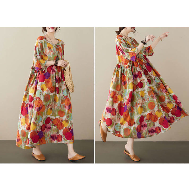 Buddha Stones Pomarańczowo-zielone Kolorowe Groszki Sukienka Midi Bawełniana Tunika Sukienka z Pół Rękawem I Kieszeniami - image 9