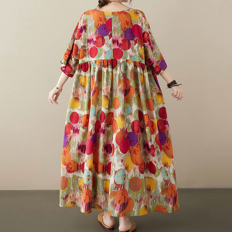 Buddha Stones Pomarańczowo-zielone Kolorowe Groszki Sukienka Midi Bawełniana Tunika Sukienka z Pół Rękawem I Kieszeniami - image 7