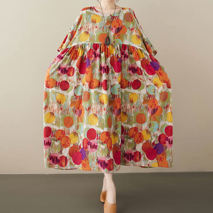 Buddha Stones Pomarańczowo-zielone Kolorowe Groszki Sukienka Midi Bawełniana Tunika Sukienka z Pół Rękawem I Kieszeniami - image 5