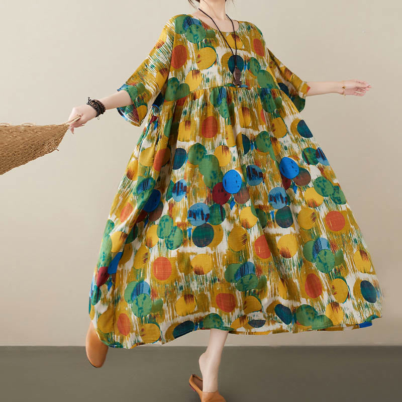 Buddha Stones Pomarańczowo-zielone Kolorowe Groszki Sukienka Midi Bawełniana Tunika Sukienka z Pół Rękawem I Kieszeniami - image 14