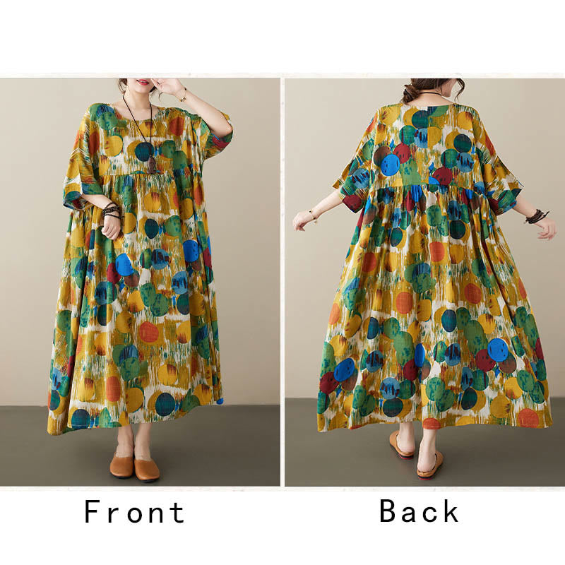Buddha Stones Pomarańczowo-zielone Kolorowe Groszki Sukienka Midi Bawełniana Tunika Sukienka z Pół Rękawem I Kieszeniami - image 15