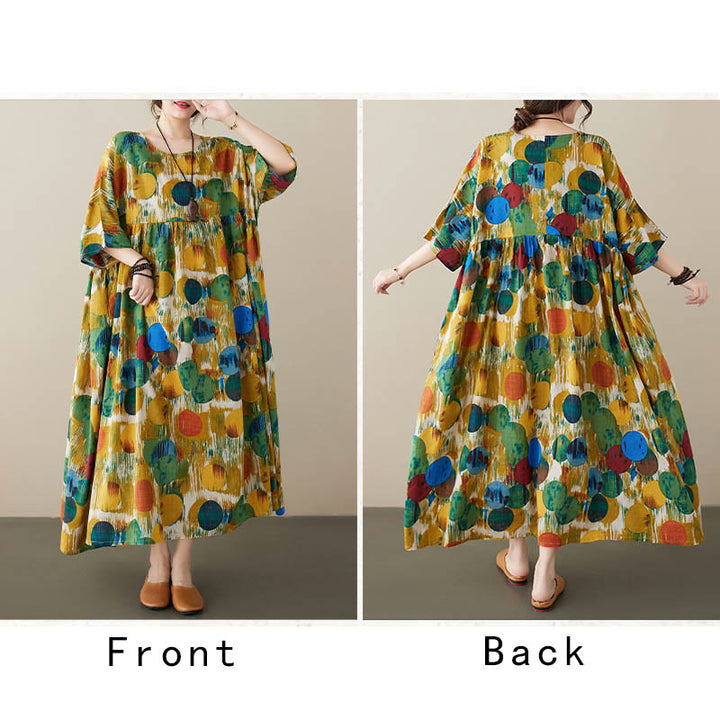 Buddha Stones Pomarańczowo-zielone Kolorowe Groszki Sukienka Midi Bawełniana Tunika Sukienka z Pół Rękawem I Kieszeniami - image 15