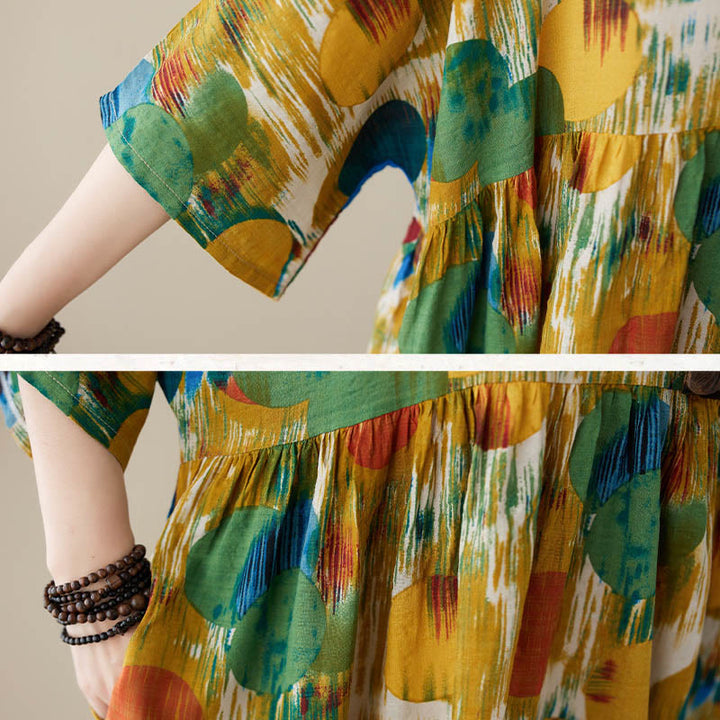 Buddha Stones Pomarańczowo-zielone Kolorowe Groszki Sukienka Midi Bawełniana Tunika Sukienka z Pół Rękawem I Kieszeniami - image 20