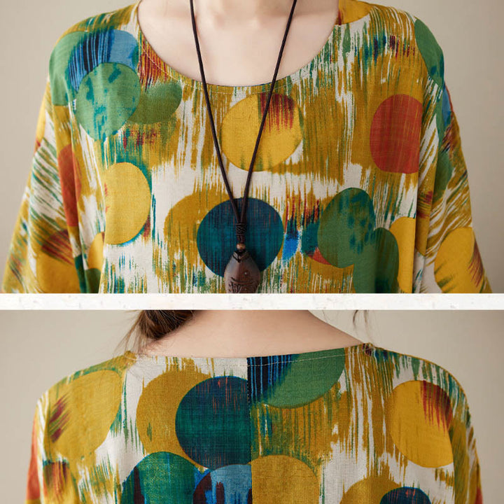 Buddha Stones Pomarańczowo-zielone Kolorowe Groszki Sukienka Midi Bawełniana Tunika Sukienka z Pół Rękawem I Kieszeniami - image 19