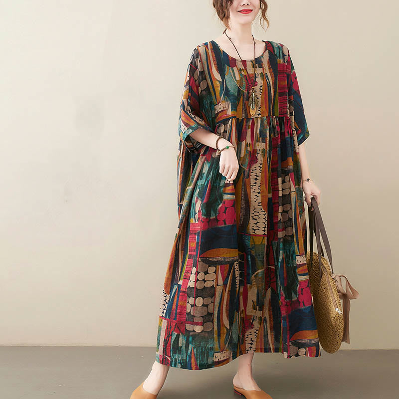 Kolorowa grafika Buddha Stones Midi Sukienka Bawełniana Tunika z Pół Rękawem I Kieszeniami - image 1