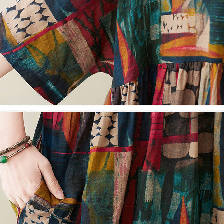 Kolorowa grafika Buddha Stones Midi Sukienka Bawełniana Tunika z Pół Rękawem I Kieszeniami - image 10