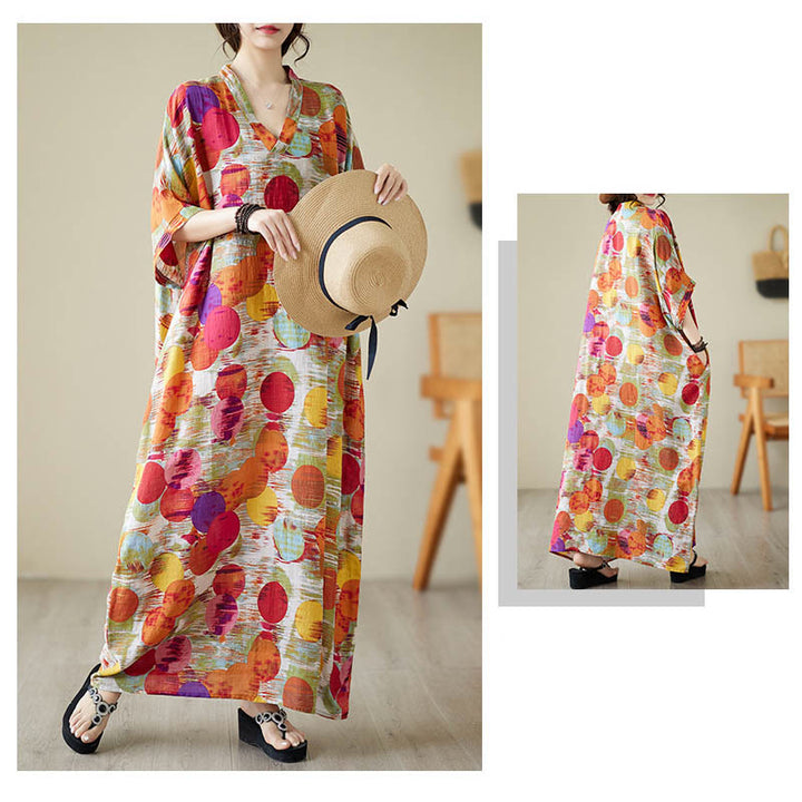 Buddha Stones Pomarańczowo-niebieskie Kolorowe Groszki Sukienka Midi Bawełniana Sukienka z Pół Rękawem i Kieszeniami