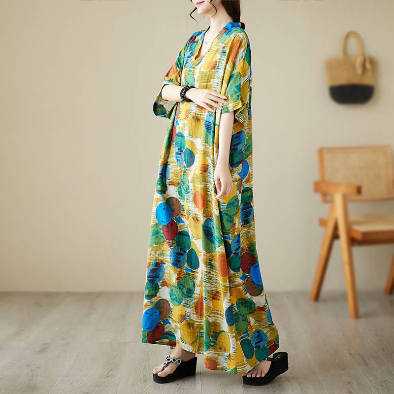 Buddha Stones Pomarańczowo-niebieskie Kolorowe Groszki Sukienka Midi Bawełniana Sukienka z Pół Rękawem i Kieszeniami - image 1