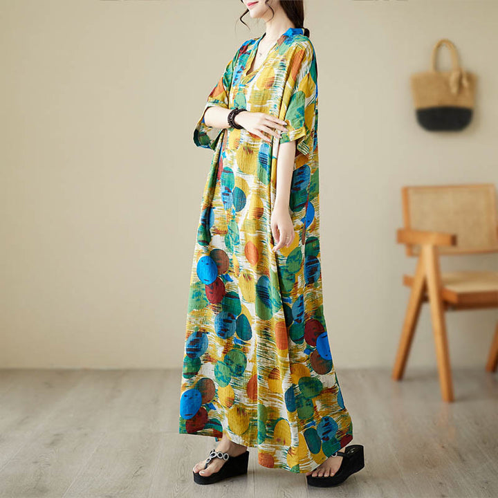 Buddha Stones Pomarańczowo-niebieskie Kolorowe Groszki Sukienka Midi Bawełniana Sukienka z Pół Rękawem i Kieszeniami - image 1