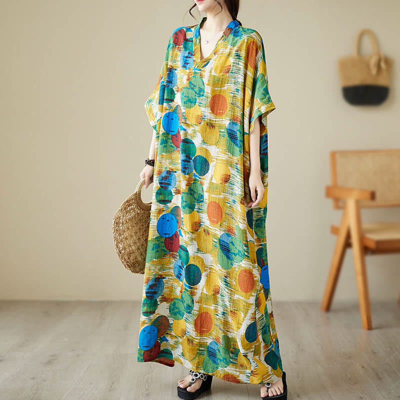 Buddha Stones Pomarańczowo-niebieskie Kolorowe Groszki Sukienka Midi Bawełniana Sukienka z Pół Rękawem i Kieszeniami