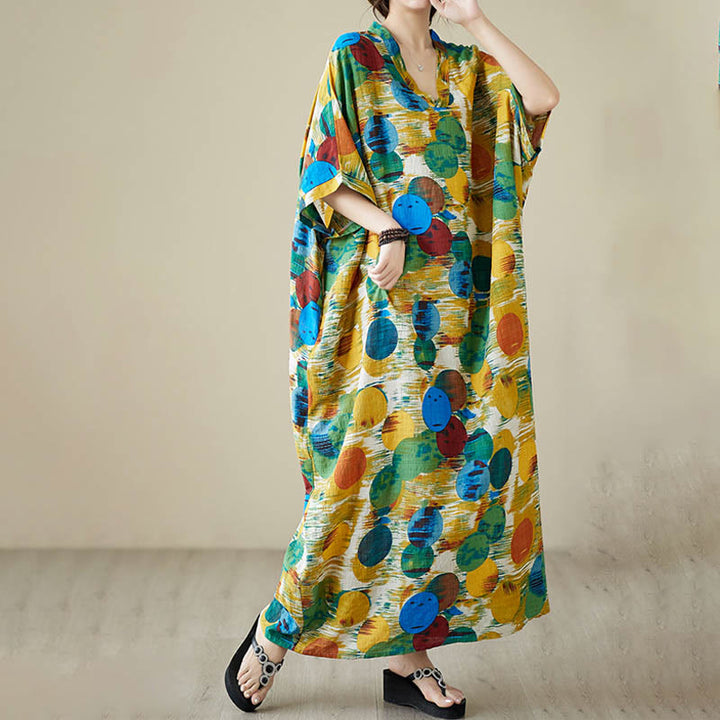 Buddha Stones Pomarańczowo-niebieskie Kolorowe Groszki Sukienka Midi Bawełniana Sukienka z Pół Rękawem i Kieszeniami - image 3