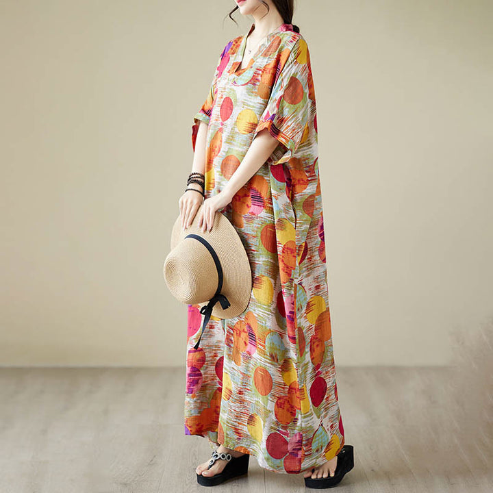 Buddha Stones Pomarańczowo-niebieskie Kolorowe Groszki Sukienka Midi Bawełniana Sukienka z Pół Rękawem i Kieszeniami