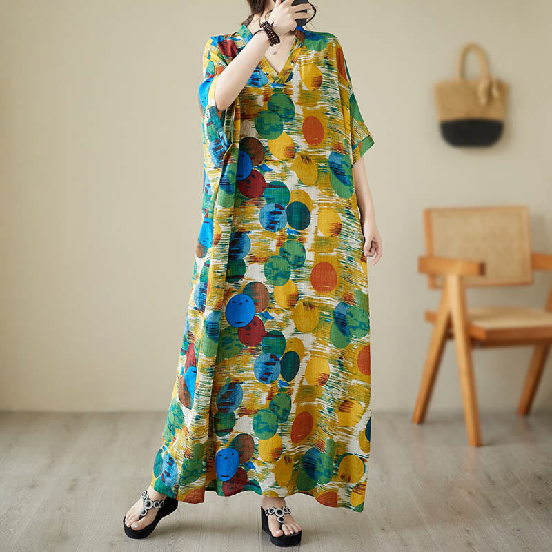 Buddha Stones Pomarańczowo-niebieskie Kolorowe Groszki Sukienka Midi Bawełniana Sukienka z Pół Rękawem i Kieszeniami - image 4