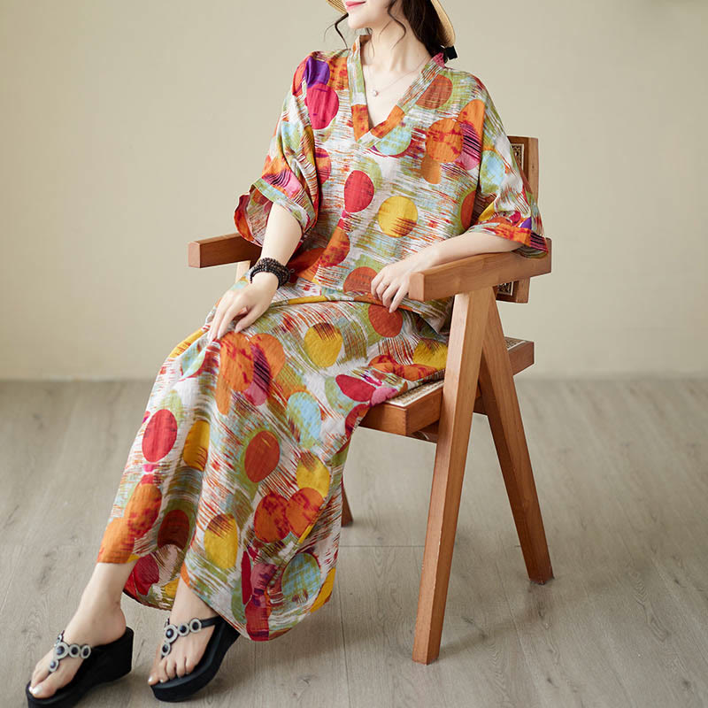 Buddha Stones Pomarańczowo-niebieskie Kolorowe Groszki Sukienka Midi Bawełniana Sukienka z Pół Rękawem i Kieszeniami - image 10