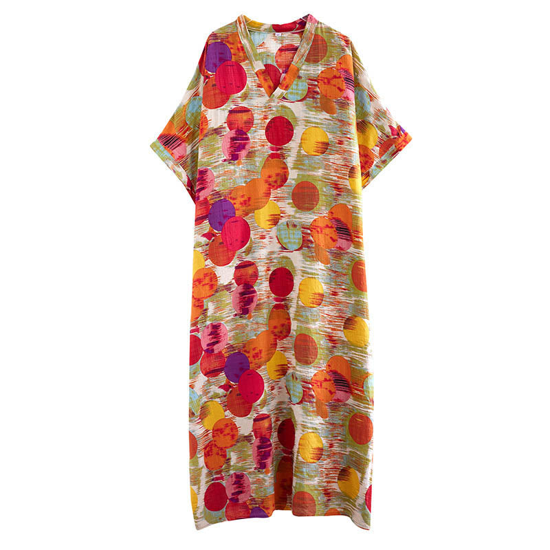 Buddha Stones Pomarańczowo-niebieskie Kolorowe Groszki Sukienka Midi Bawełniana Sukienka z Pół Rękawem i Kieszeniami