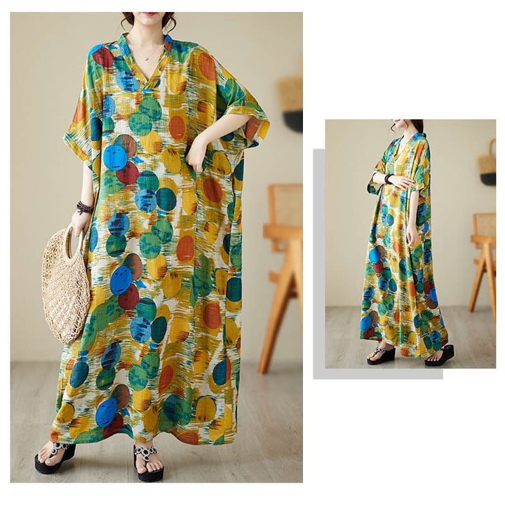 Buddha Stones Pomarańczowo-niebieskie Kolorowe Groszki Sukienka Midi Bawełniana Sukienka z Pół Rękawem i Kieszeniami