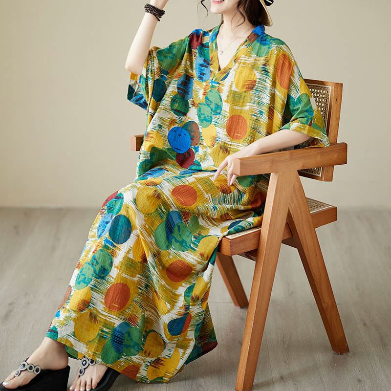 Buddha Stones Pomarańczowo-niebieskie Kolorowe Groszki Sukienka Midi Bawełniana Sukienka z Pół Rękawem i Kieszeniami - image 6