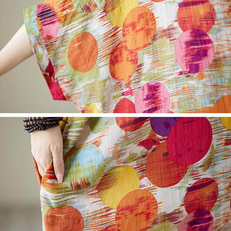 Buddha Stones Pomarańczowo-niebieskie Kolorowe Groszki Sukienka Midi Bawełniana Sukienka z Pół Rękawem i Kieszeniami - image 16