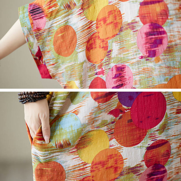 Buddha Stones Pomarańczowo-niebieskie Kolorowe Groszki Sukienka Midi Bawełniana Sukienka z Pół Rękawem i Kieszeniami - image 16