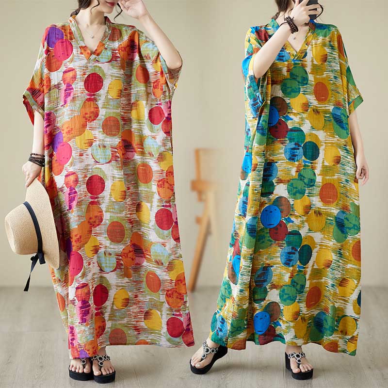 Buddha Stones Pomarańczowo-niebieskie Kolorowe Groszki Sukienka Midi Bawełniana Sukienka z Pół Rękawem i Kieszeniami - image 8