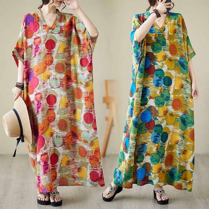 Buddha Stones Pomarańczowo-niebieskie Kolorowe Groszki Sukienka Midi Bawełniana Sukienka z Pół Rękawem i Kieszeniami - image 8