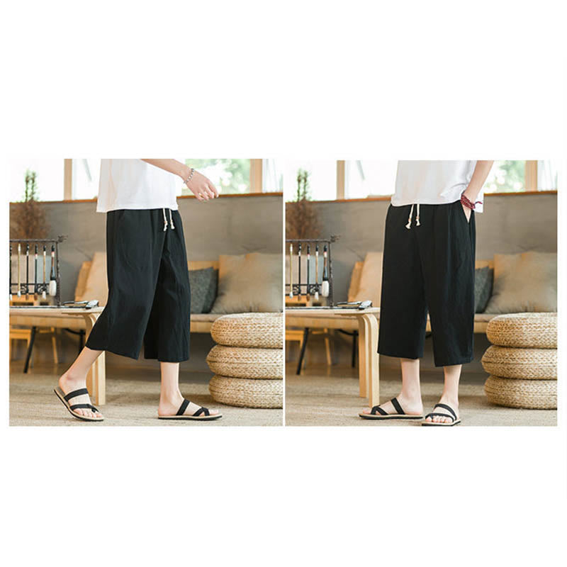 Spodnie męskie z szerokimi nogawkami i jednolitym kolorem Buddha Stones z kieszeniami i bawełną - image 11