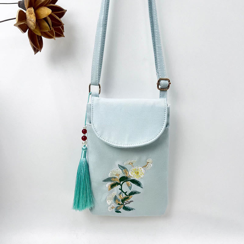 Buddha Stones Małe Haftowane Kwiaty Torba Crossbody Torba Na Ramię Dwuwarstwowa Torba Na Telefon Komórkowy