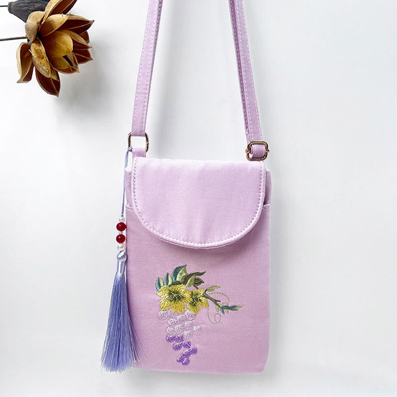 Buddha Stones Małe Haftowane Kwiaty Torba Crossbody Torba Na Ramię Dwuwarstwowa Torba Na Telefon Komórkowy