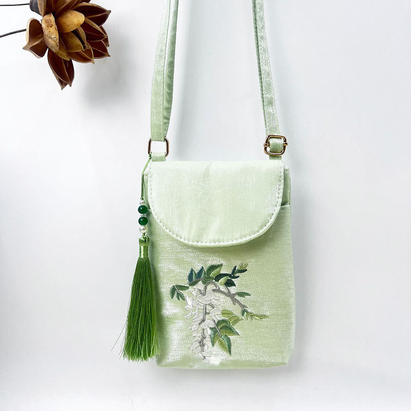 Buddha Stones Małe Haftowane Kwiaty Torba Crossbody Torba Na Ramię Dwuwarstwowa Torba Na Telefon Komórkowy