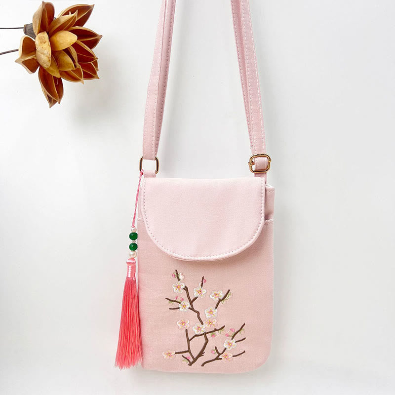 Buddha Stones Małe Haftowane Kwiaty Torba Crossbody Torba Na Ramię Dwuwarstwowa Torba Na Telefon Komórkowy