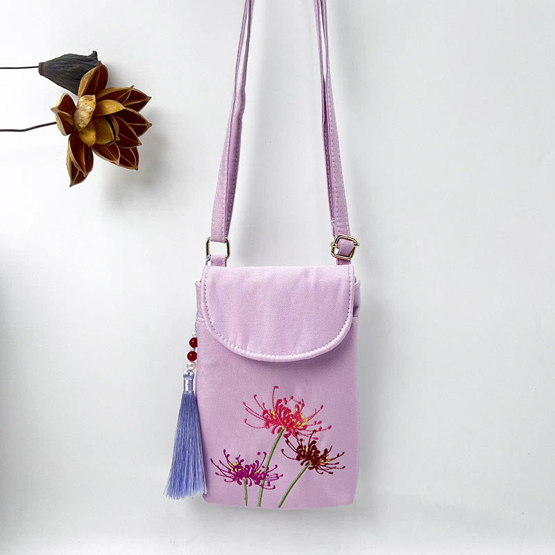 Buddha Stones Małe Haftowane Kwiaty Torba Crossbody Torba Na Ramię Dwuwarstwowa Torba Na Telefon Komórkowy