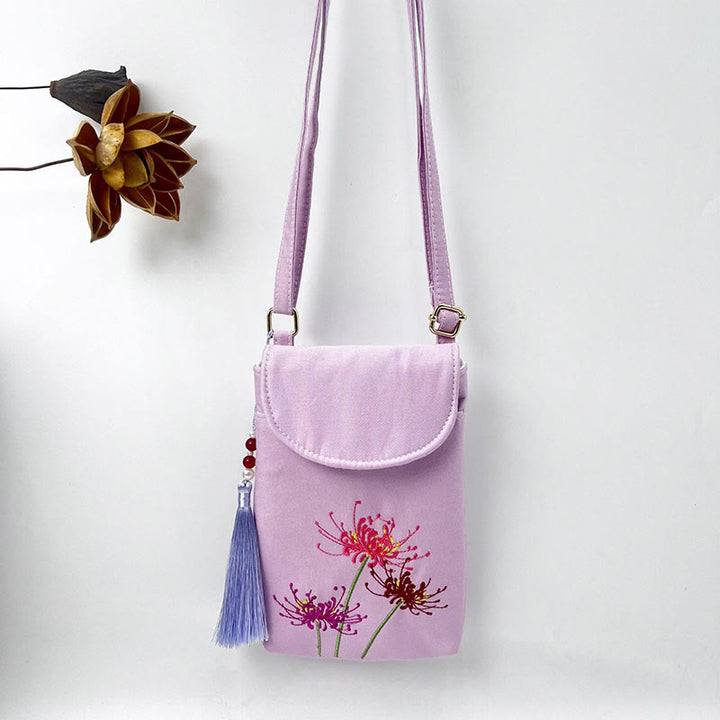Buddha Stones Małe Haftowane Kwiaty Torba Crossbody Torba Na Ramię Dwuwarstwowa Torba Na Telefon Komórkowy