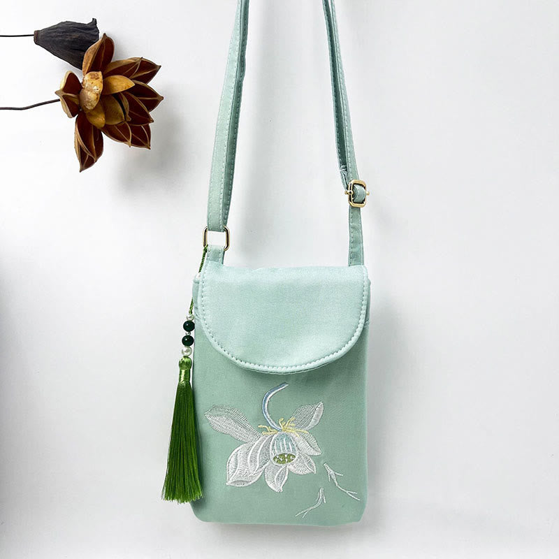 Buddha Stones Małe Haftowane Kwiaty Torba Crossbody Torba Na Ramię Dwuwarstwowa Torba Na Telefon Komórkowy