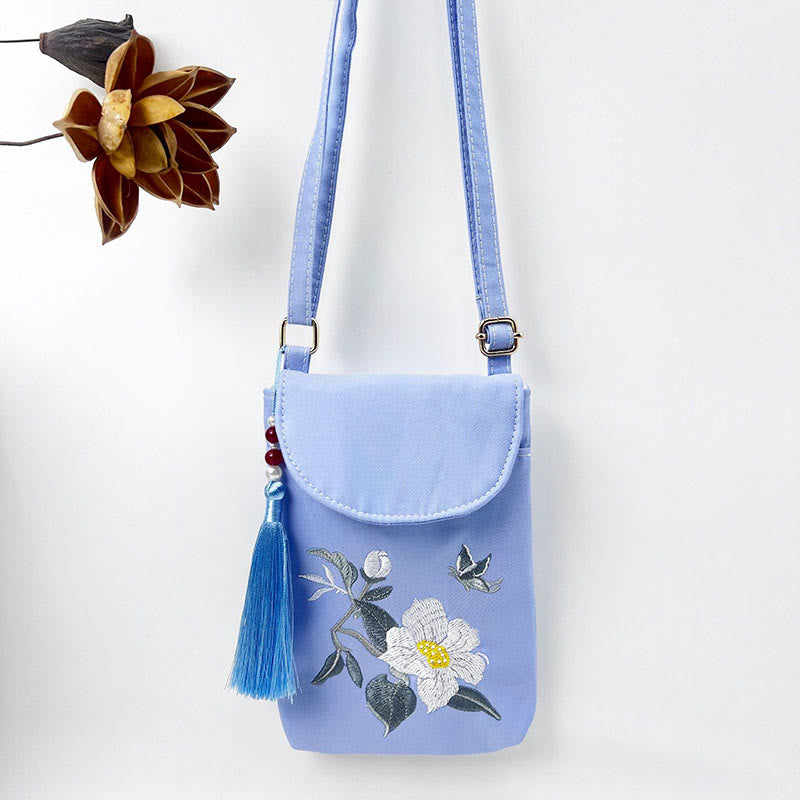 Buddha Stones Małe Haftowane Kwiaty Torba Crossbody Torba Na Ramię Dwuwarstwowa Torba Na Telefon Komórkowy