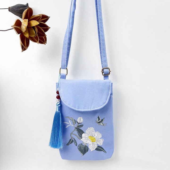 Buddha Stones Małe Haftowane Kwiaty Torba Crossbody Torba Na Ramię Dwuwarstwowa Torba Na Telefon Komórkowy